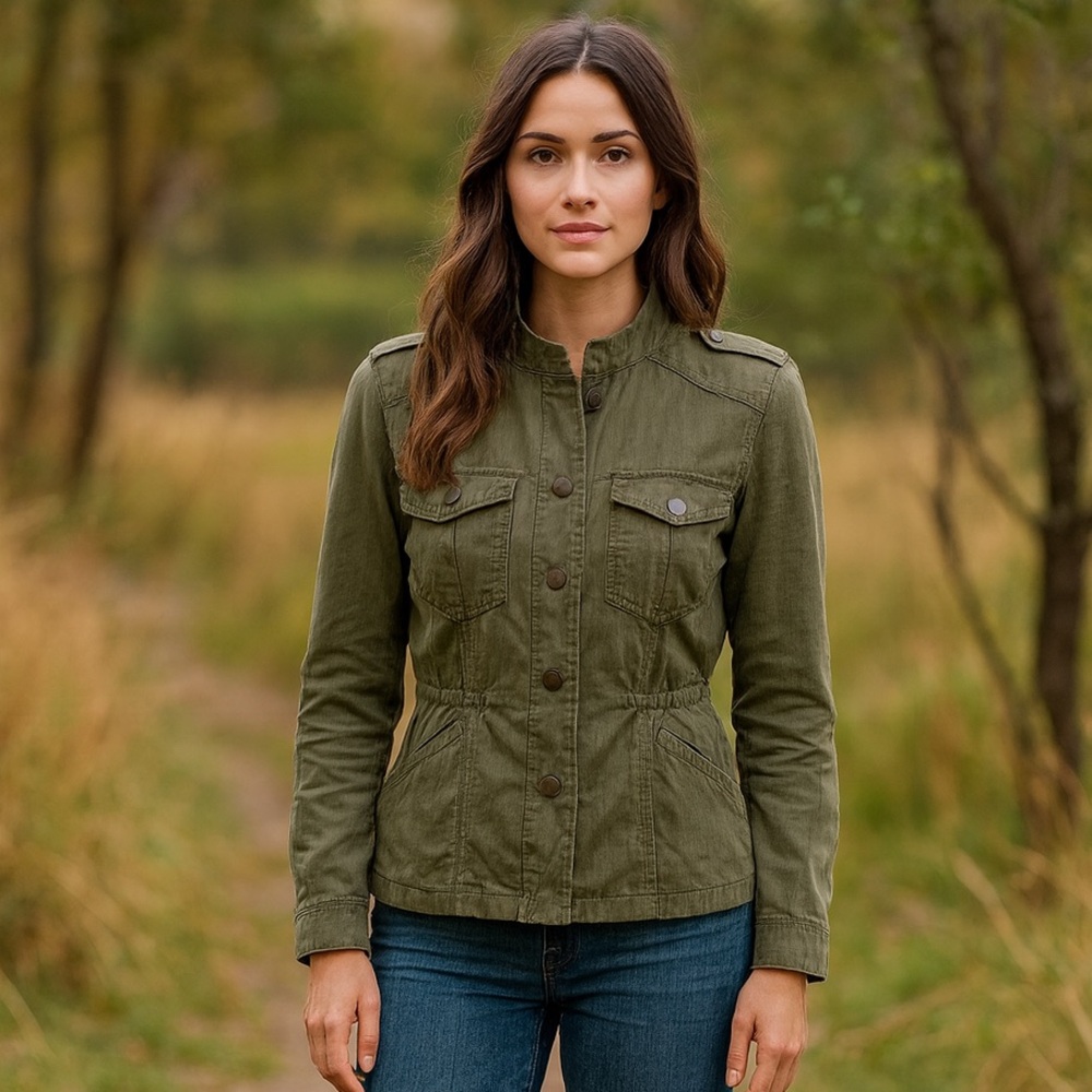 Sanctuary Army Style Utility Jacket Snap Front Pockets Olive Green Size S or M - Picture 2 of 14